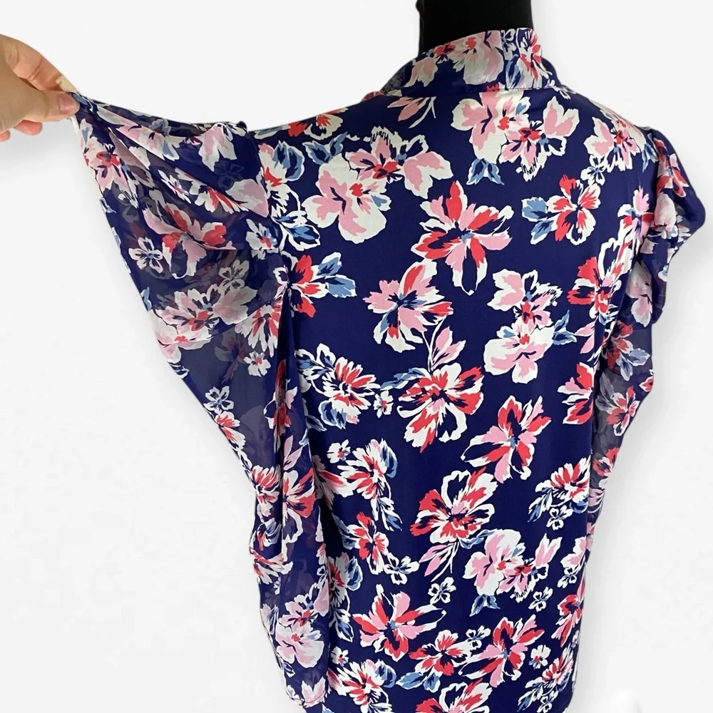 PerSeption Concept Blue Pink Tie scarf Front Ruffled Career v-neck Blouse top L - Picture 6 of 11